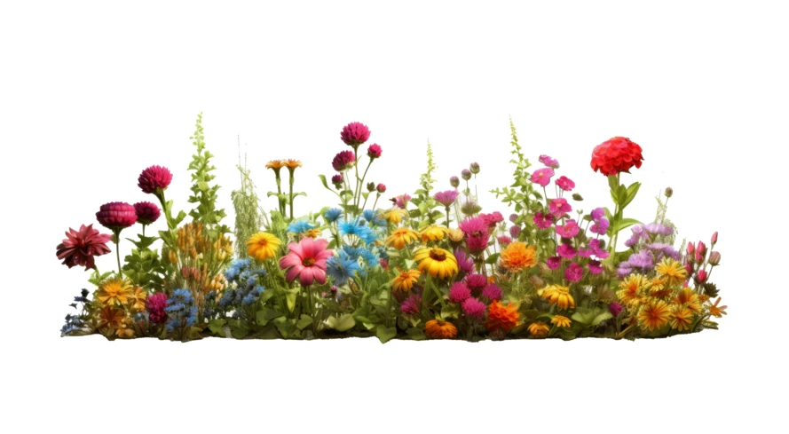 Colorful wildflower garden border isolated on white background
