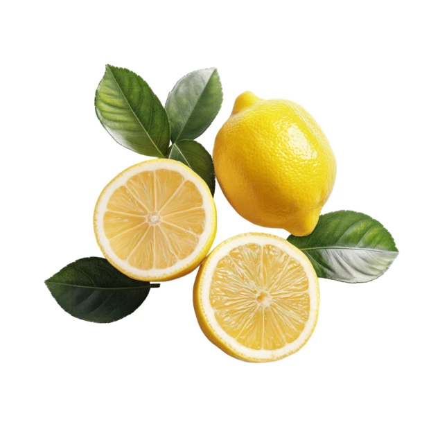 Fresh whole and halved lemons with leaves on white background
