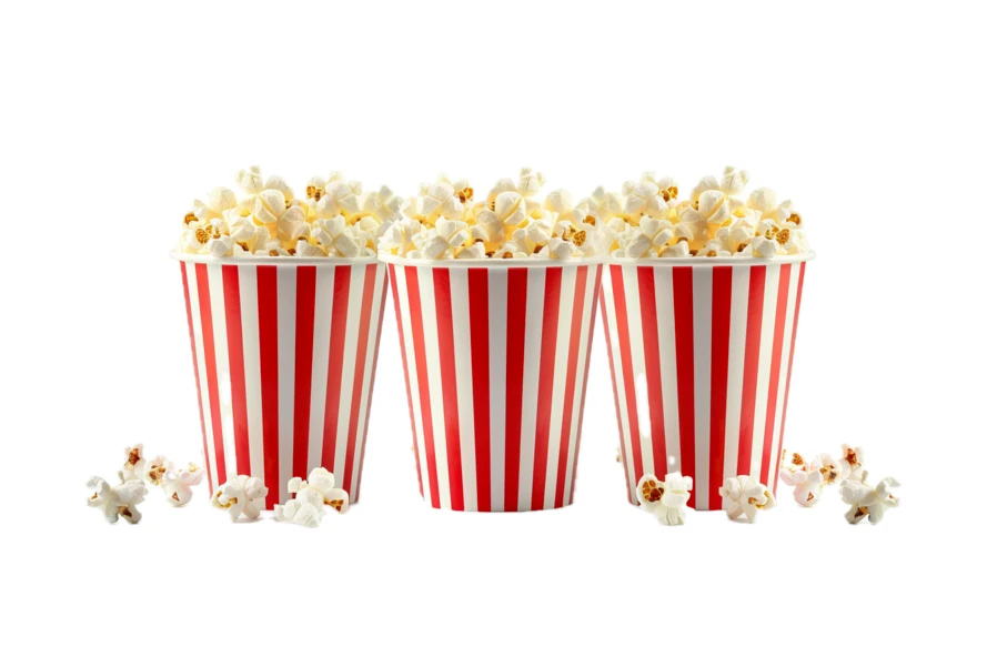 Three striped popcorn buckets isolated on white background