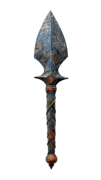 Ancient weathered metal spearhead isolated on white