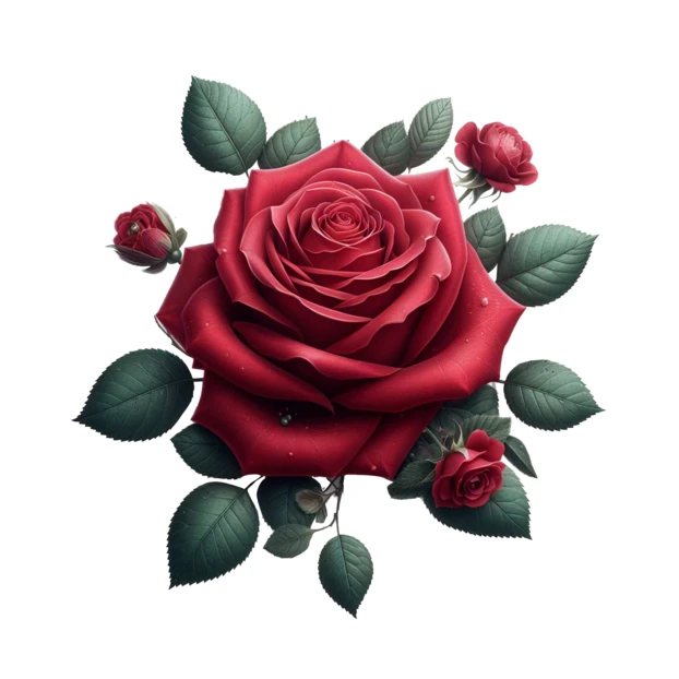 Red rose flower and green leaves isolated on white background