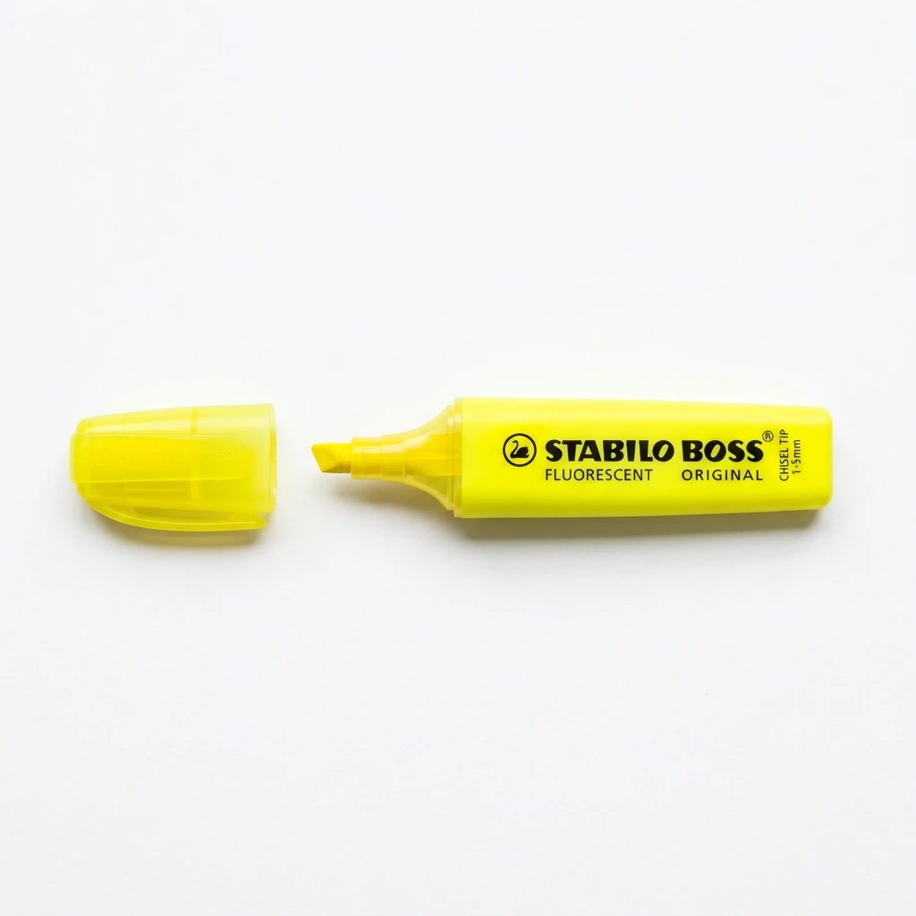 Yellow fluorescent highlighter pen with cap off on white background
