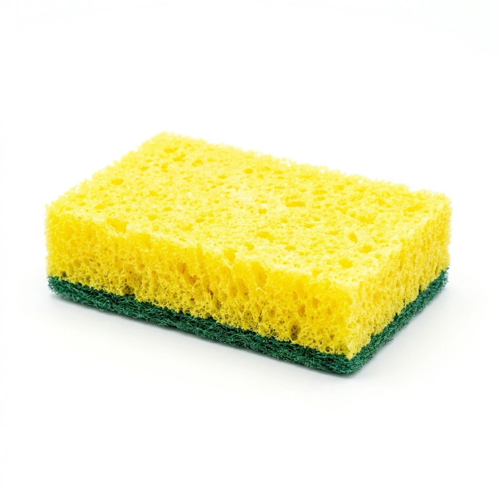 Yellow and green kitchen cleaning sponge on white background