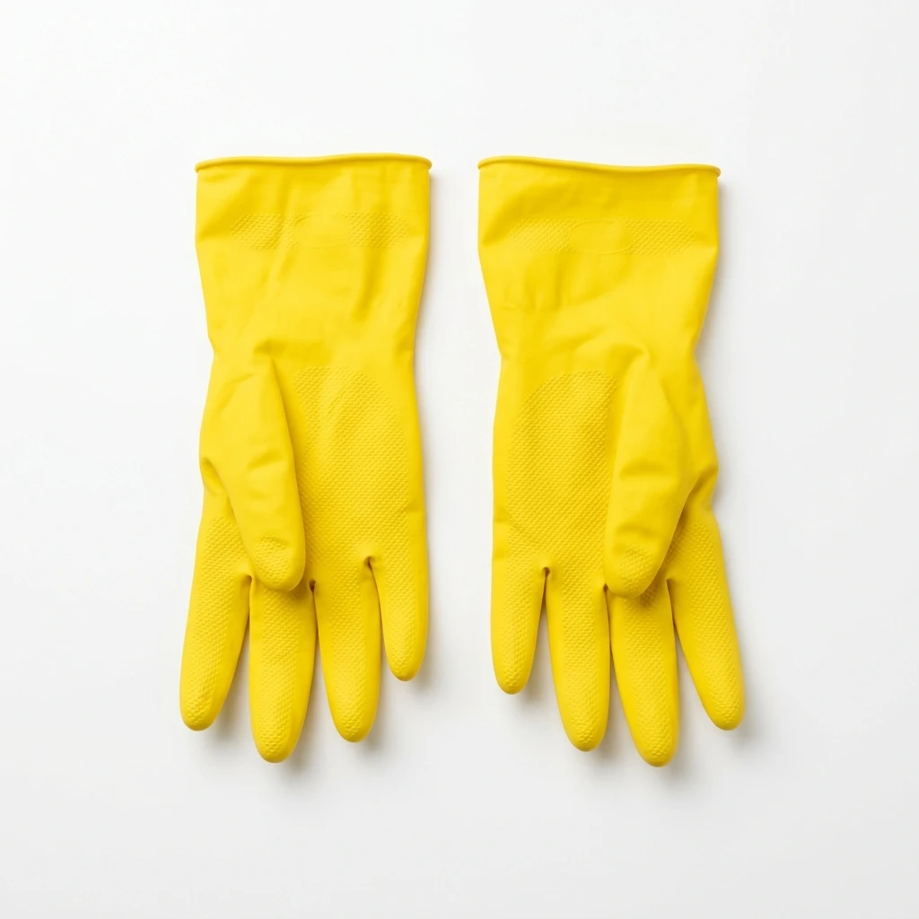 Pair of yellow rubber cleaning gloves on white background