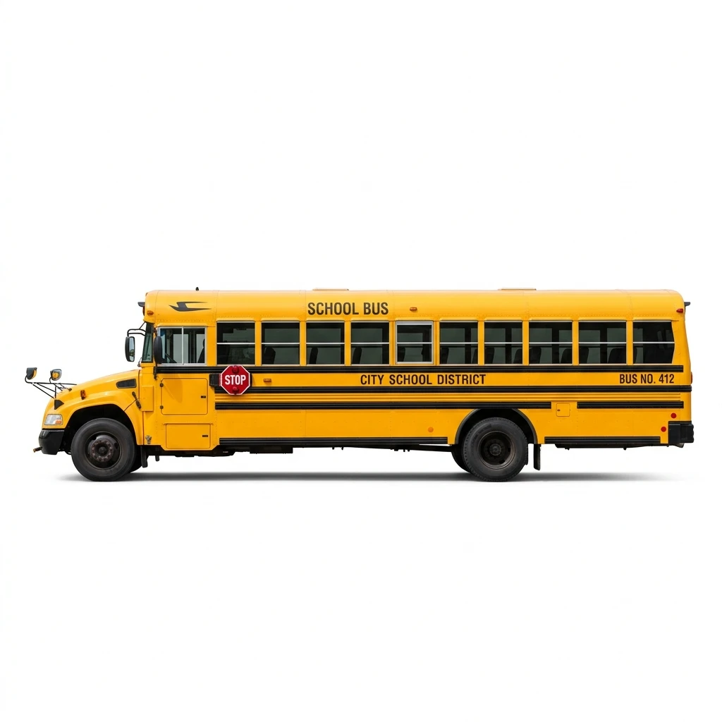 Yellow school bus side view isolated on white background