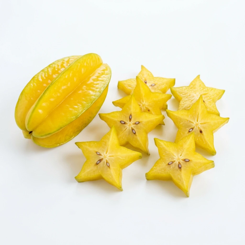Ripe yellow carambola fruit whole and star-shaped slices
