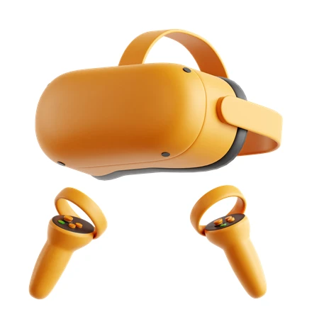 Orange virtual reality headset and controllers on white background