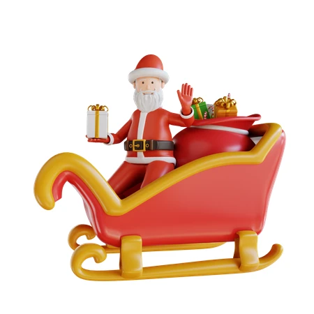 3D cartoon Santa Claus waving from a sleigh with gifts