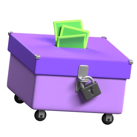 3D purple locked money box with banknotes on wheels