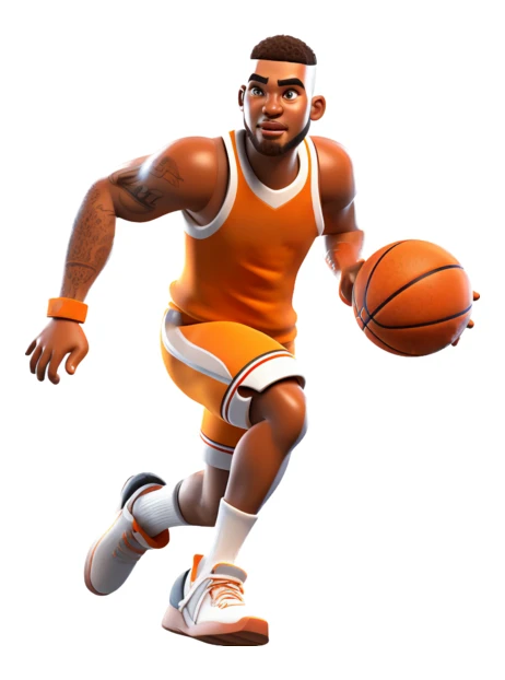 3D animated basketball player dribbling in orange jersey