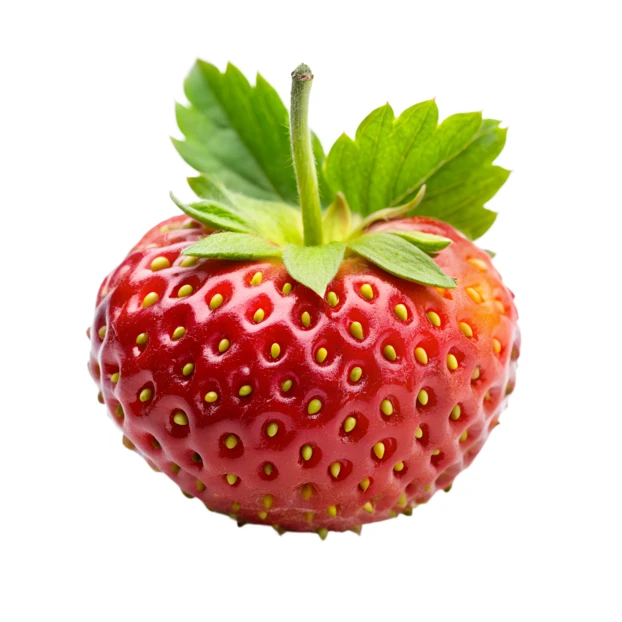 Single ripe strawberry with leaves isolated on white background