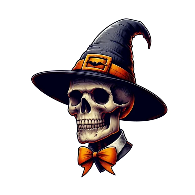 Halloween skull illustration wearing a witch hat and bow tie
