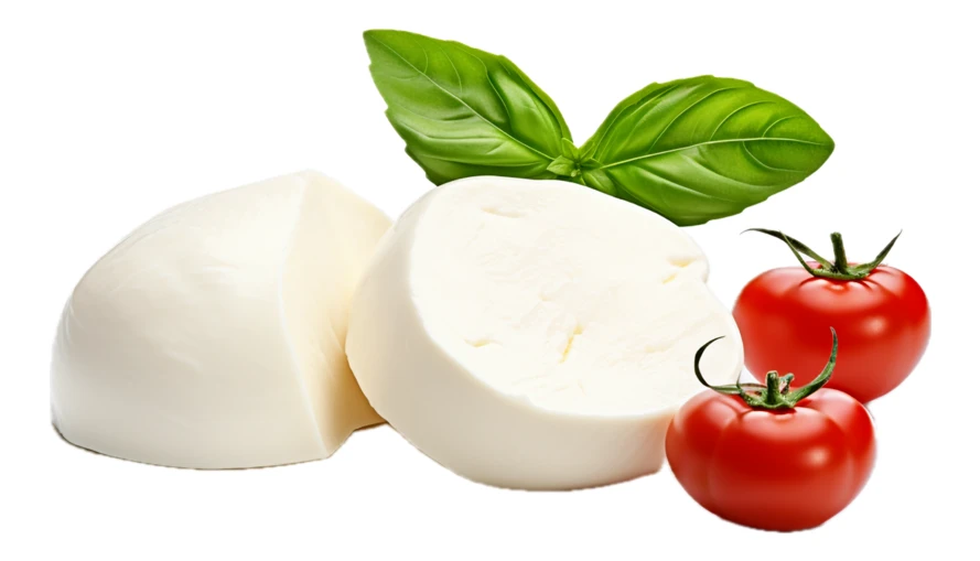 Fresh mozzarella cheese balls with tomatoes and basil leaves