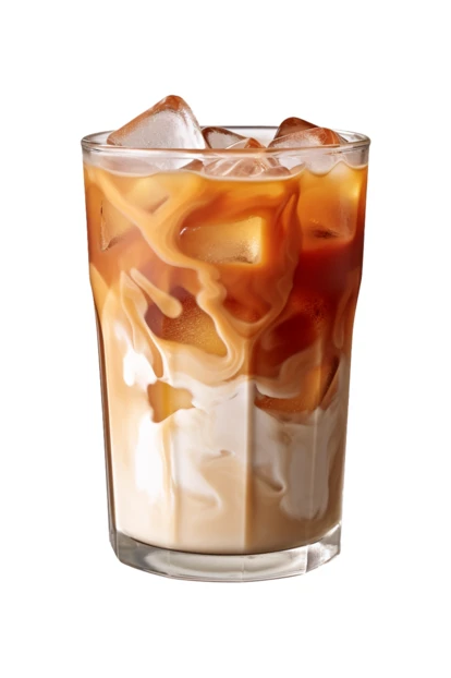 Iced coffee with milk swirling in a glass