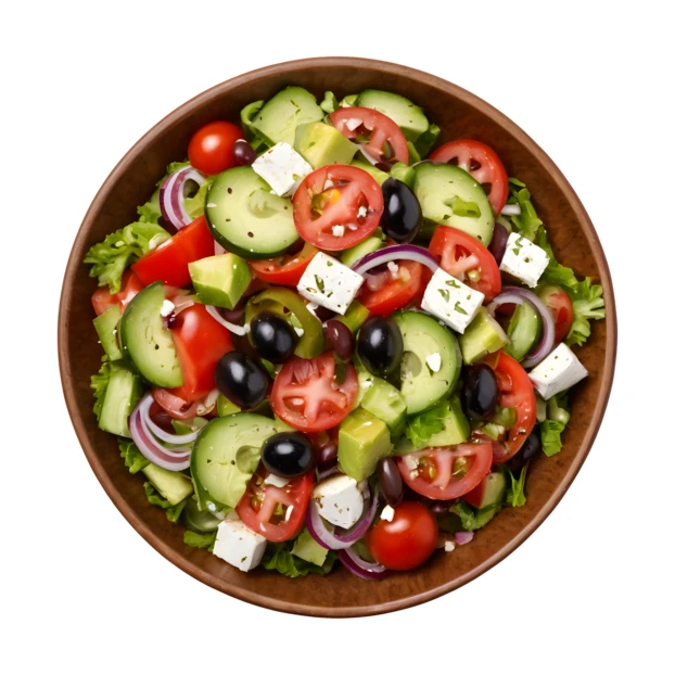 Fresh Greek salad in a wooden bowl isolated on white