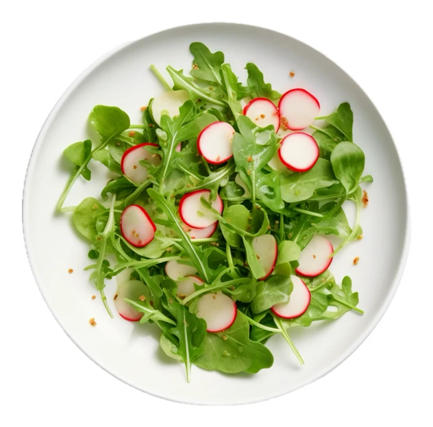 Fresh arugula and radish salad on white plate overhead