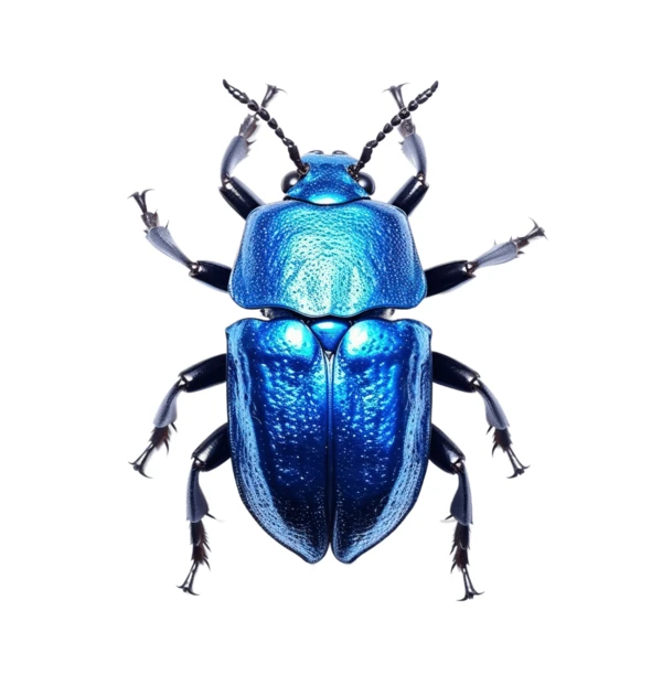 Metallic iridescent blue beetle isolated on white background