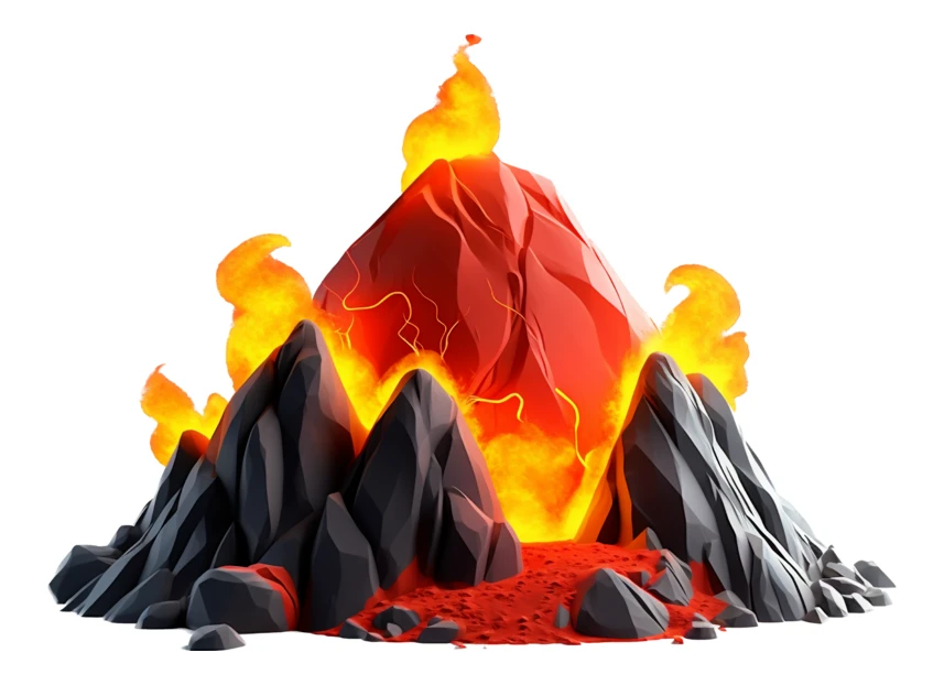 Cartoon volcano illustration with glowing lava isolated on white