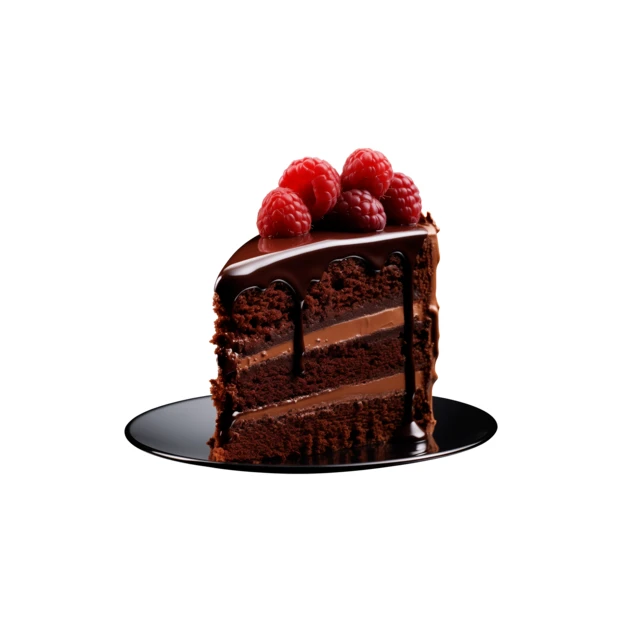 Slice of layered chocolate cake with fresh raspberries