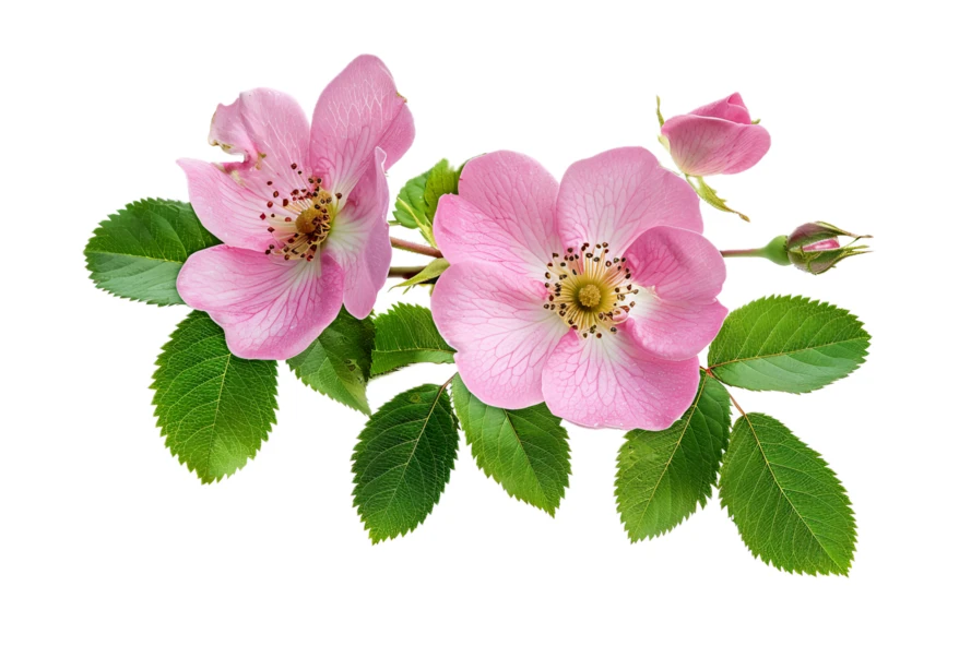 Pink wild rose flowers with leaves isolated on white