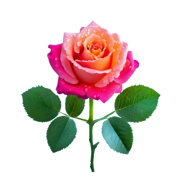 Vibrant pink and orange rose with dew drops isolated