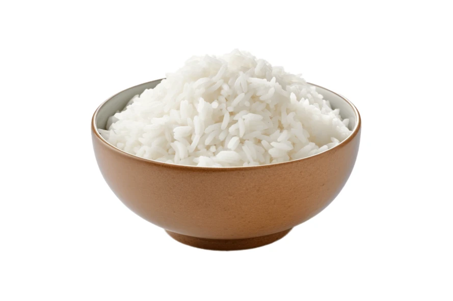 Cooked white rice in a brown bowl isolated on white