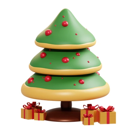 3D stylized Christmas tree and gift boxes on white background