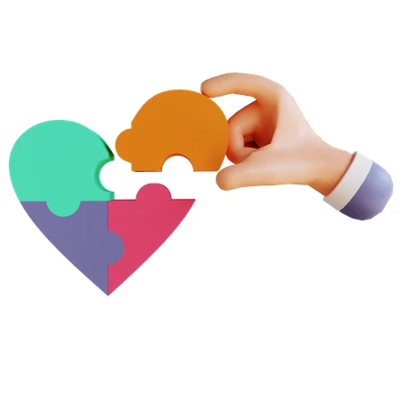 3D hand completing a heart-shaped jigsaw puzzle