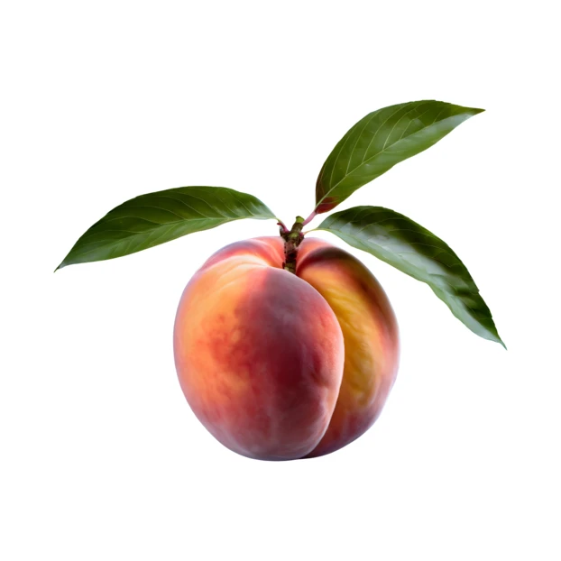 Fresh ripe peach with green leaves on white background