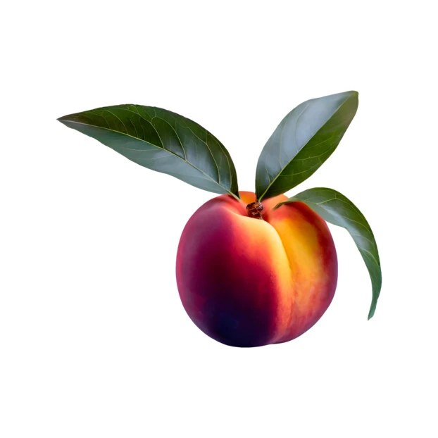 Single ripe peach with green leaves isolated on white