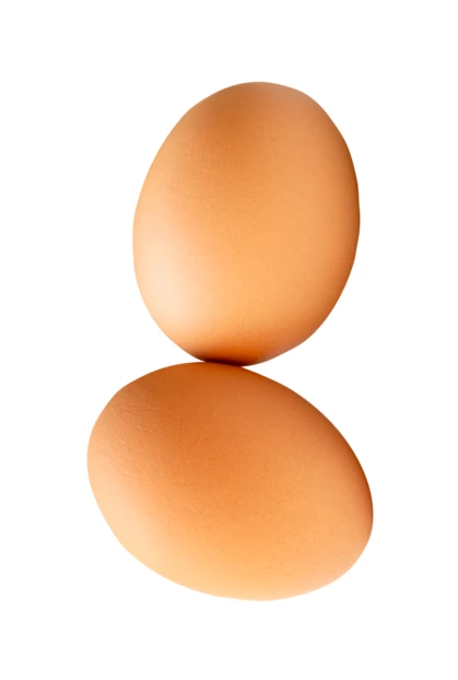 Two brown chicken eggs stacked on a white background