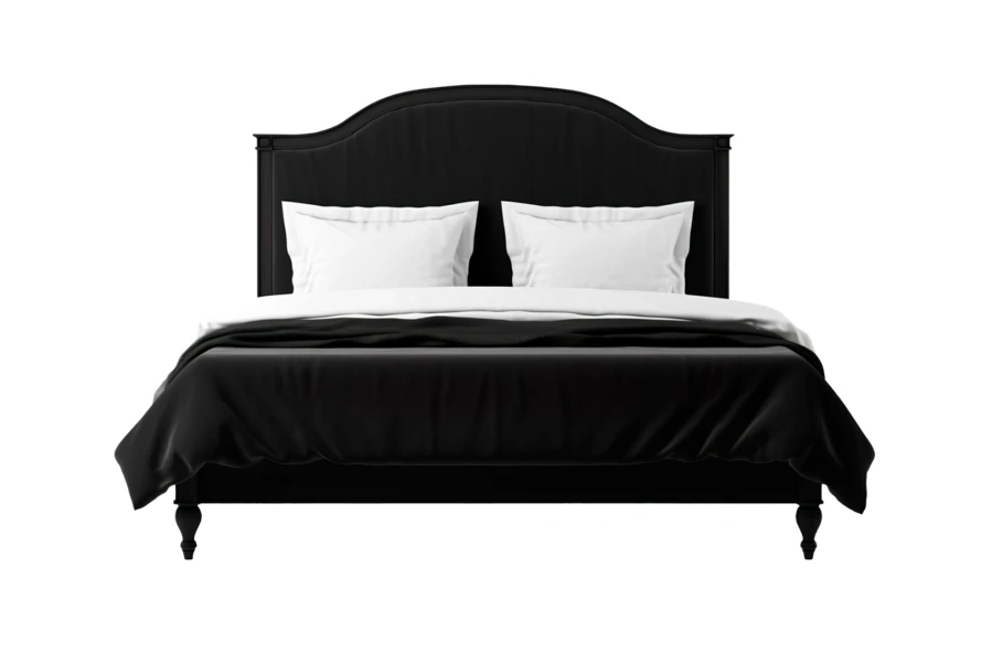 Elegant black upholstered bed with white pillows isolated