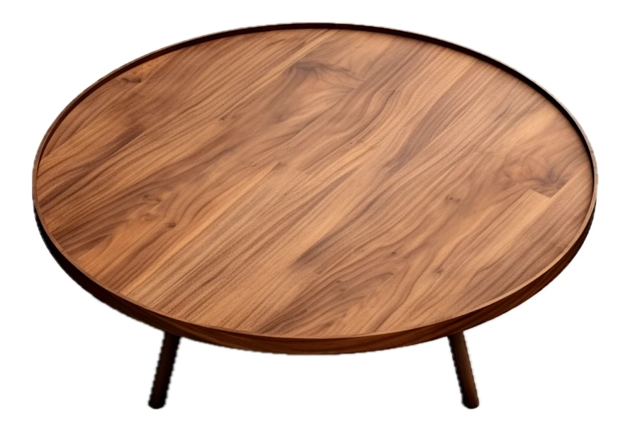 Round walnut wood coffee table isolated on white background