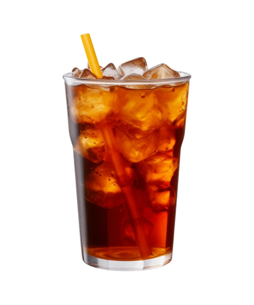 Glass of iced tea with ice and yellow straw