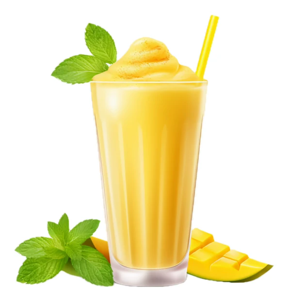 Fresh mango smoothie with mint garnish on white background
