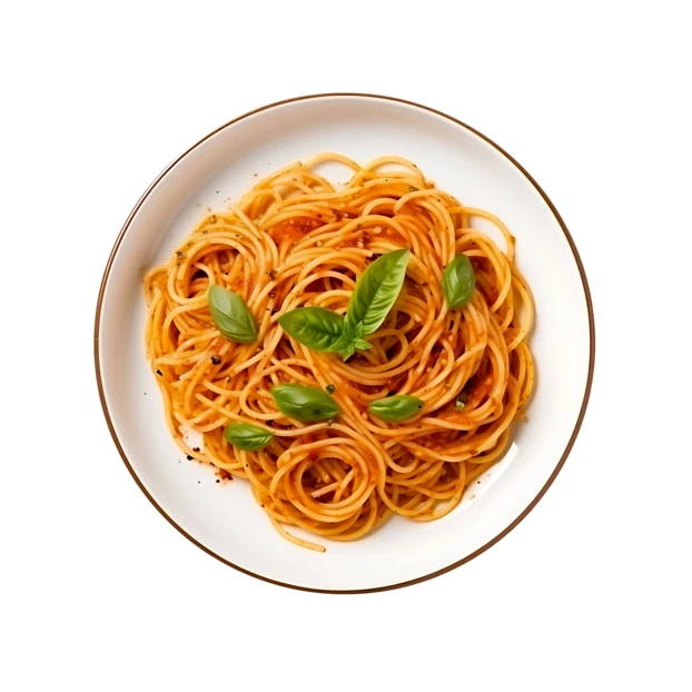 Top view of spaghetti with tomato sauce and basil