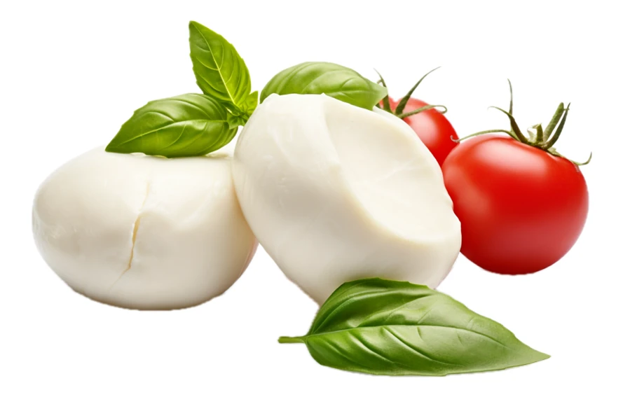 Fresh mozzarella balls with cherry tomatoes and basil leaves