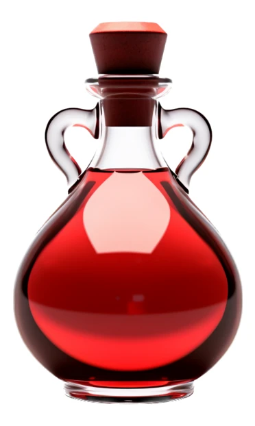 Glass potion bottle with red liquid isolated on white