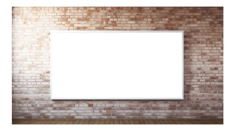 Large blank whiteboard on an industrial brick wall background
