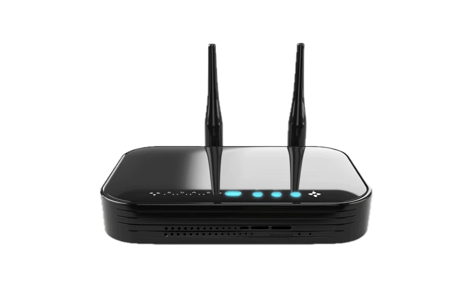 Black wireless Wi-Fi router with antennas on white background
