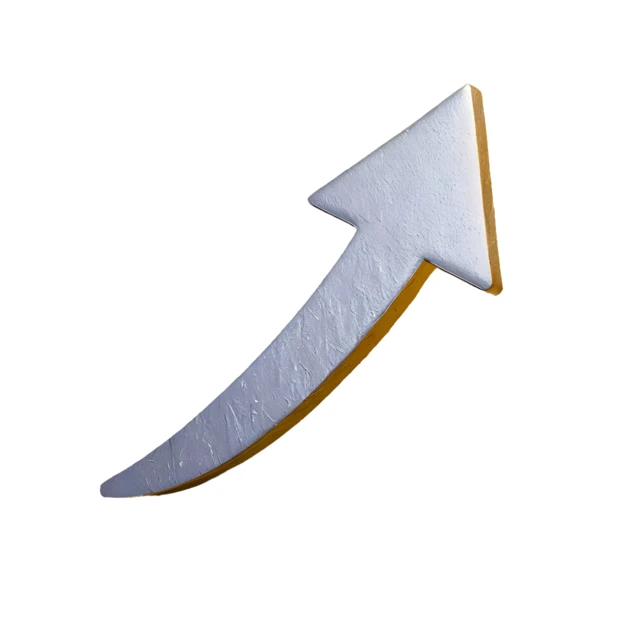 3D silver and gold upward curving arrow isolated on white