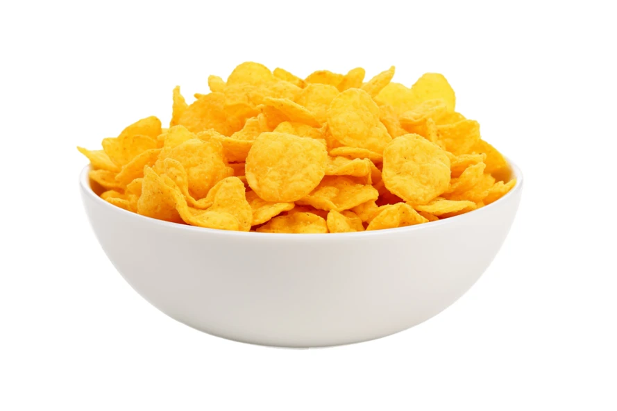White bowl of golden cornflakes isolated on white background