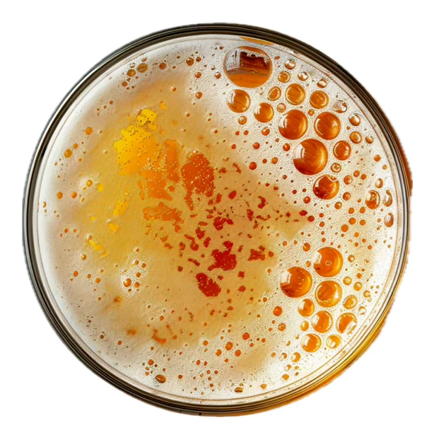 Top view of beer glass with foam and bubbles