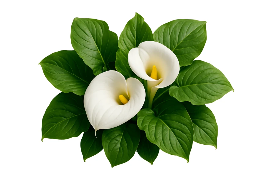 Two white calla lilies with green leaves on white background