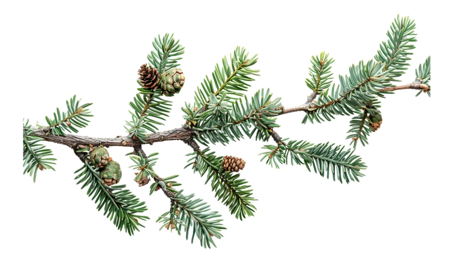 Spruce branch with small pine cones isolated on white
