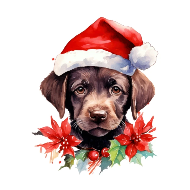 Watercolor chocolate Labrador puppy wearing a Santa hat and poinsettias