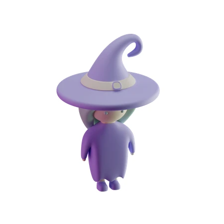 Cute 3D cartoon witch character in purple clothing