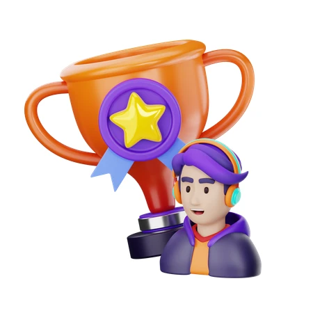 3D illustration of a gamer character with achievement trophy
