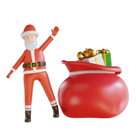 3D Santa Claus waving next to a sack of gifts