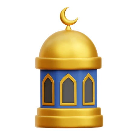 3D golden mosque dome with crescent moon on white background